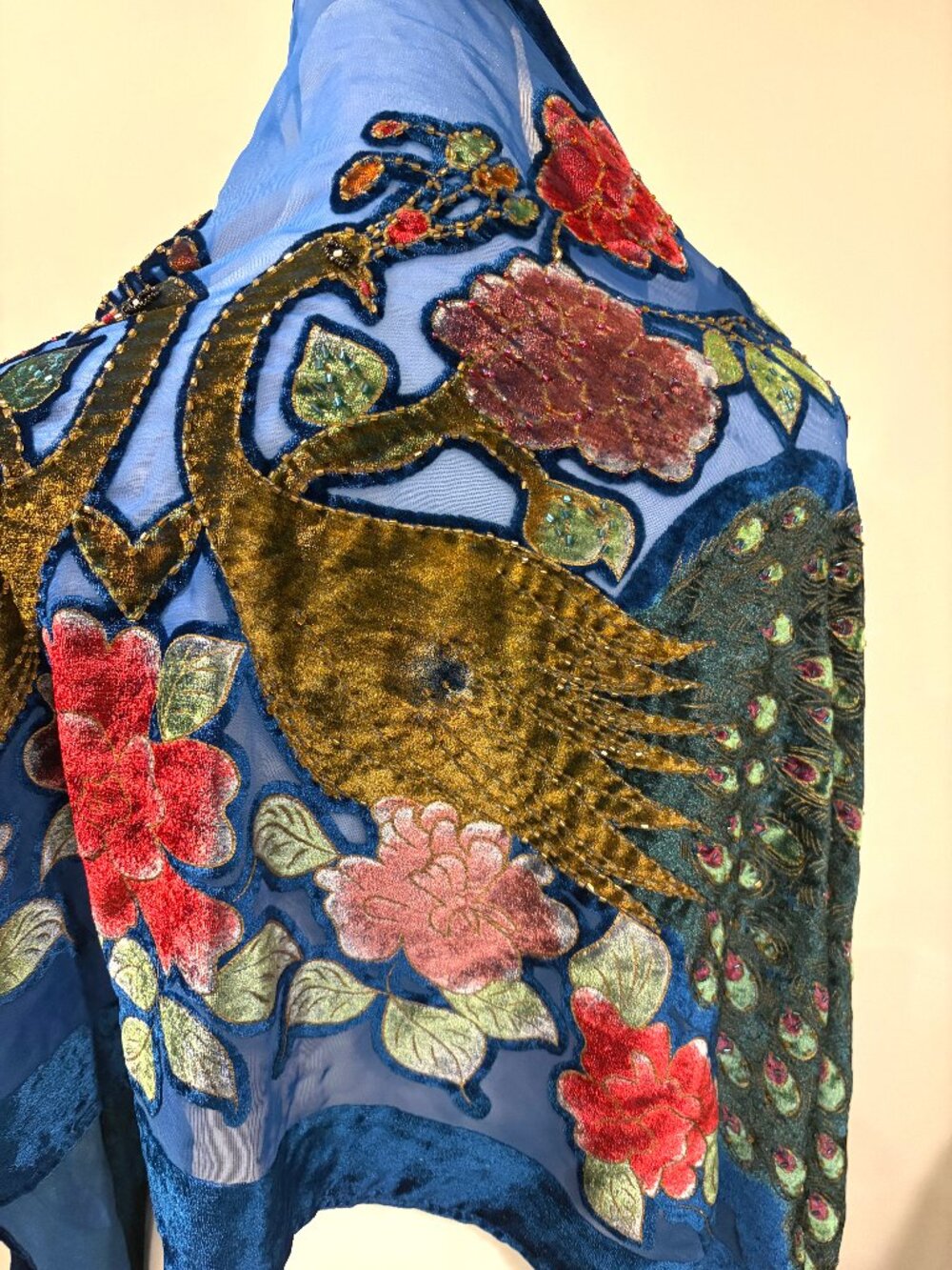 Vintage 90s Retro Burnout Velvet Peacock Floral Shawl Silk Beaded Fringe Wrap